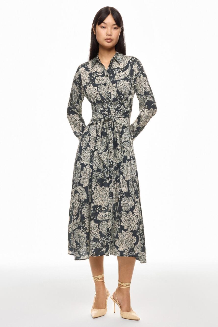 Shoshanna Essie Black Ivory Floral Long Sleeve Midi Shirt Dress Size 6
